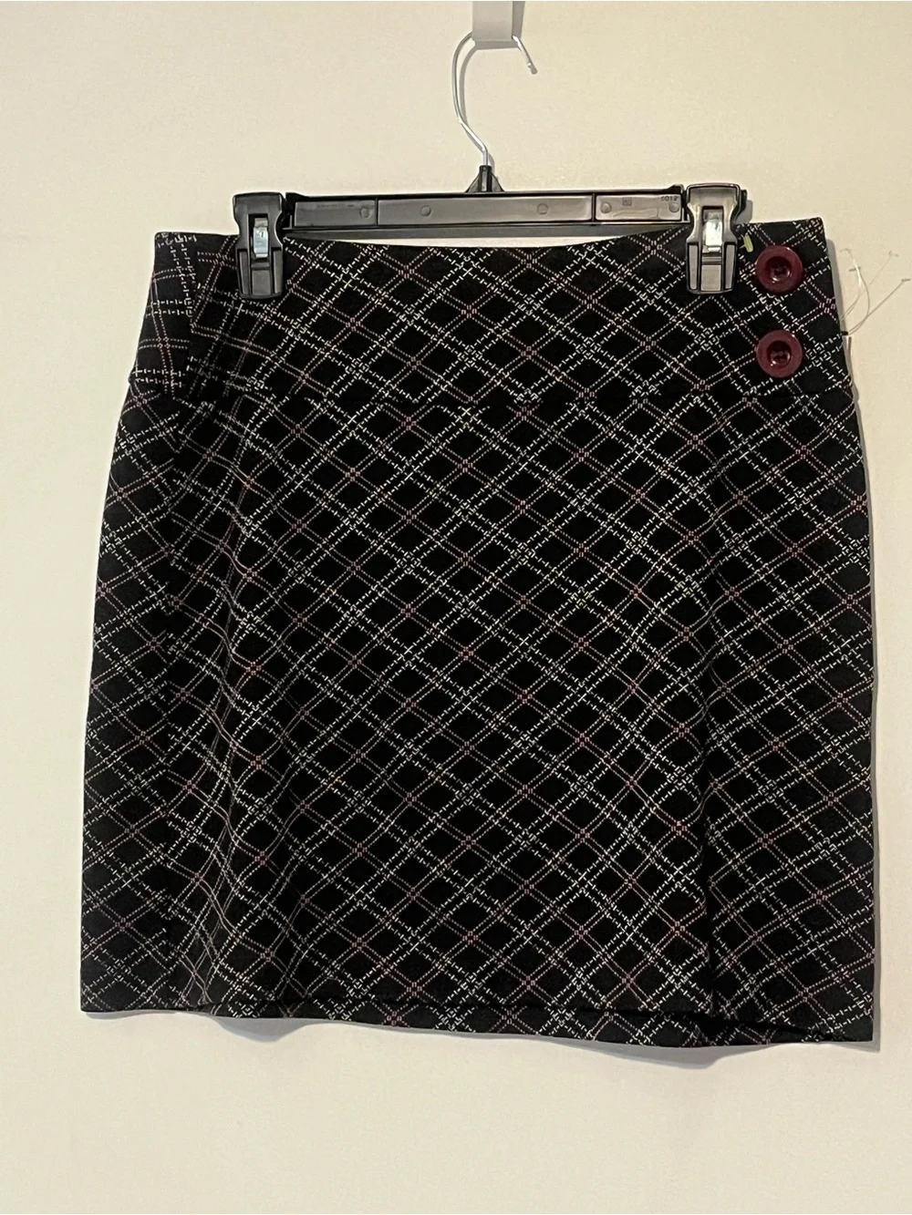 LOFT Black Plaid Mini Skirt with Maroon Accent Buttons